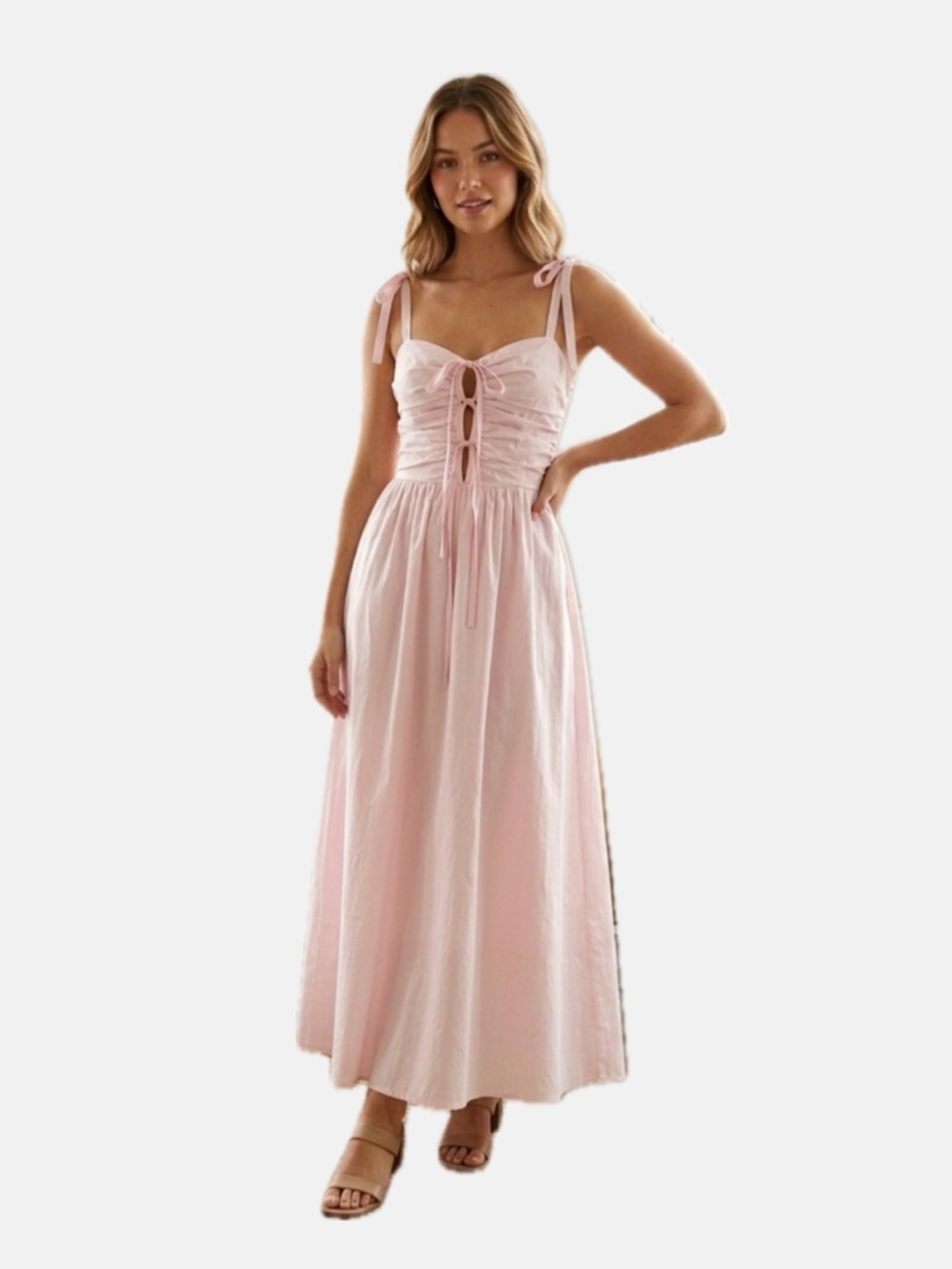 WAYF Light Pink Cottagecore Ruched Tie Front Maxi Dress